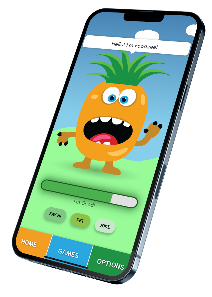 The Foodzee app on a tilted iPhone